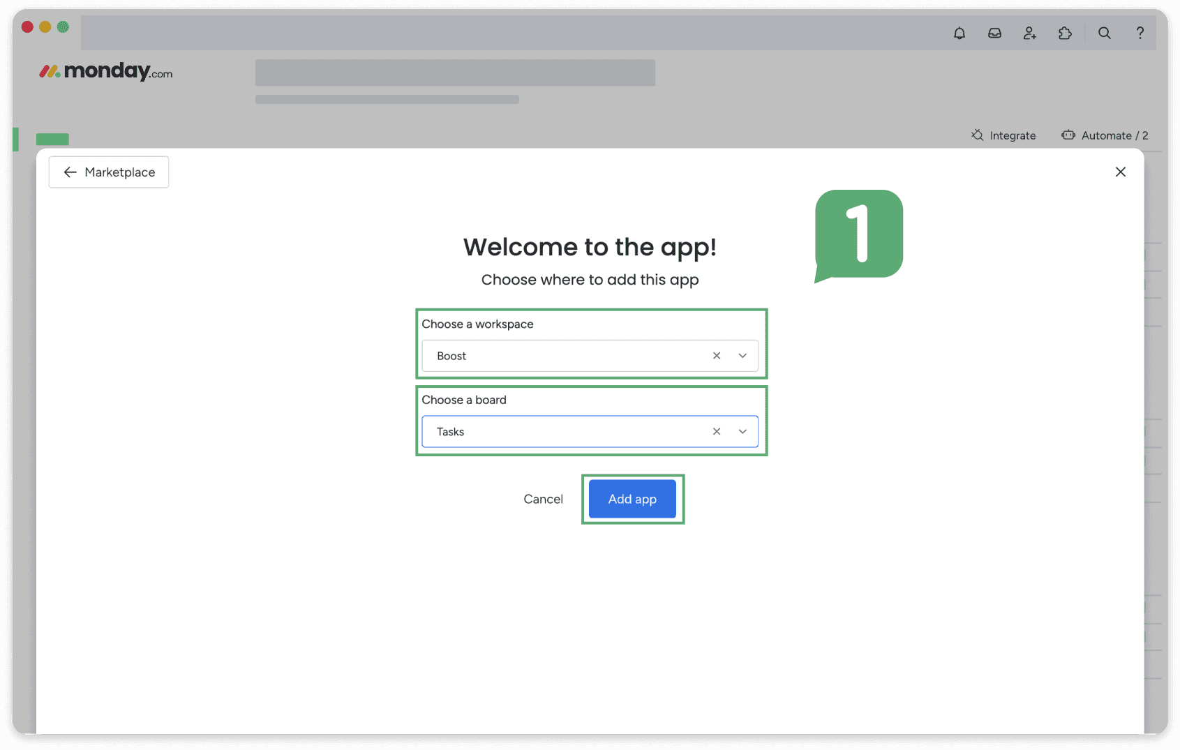 After installation, choose workspace, board and click ‘add app’.
